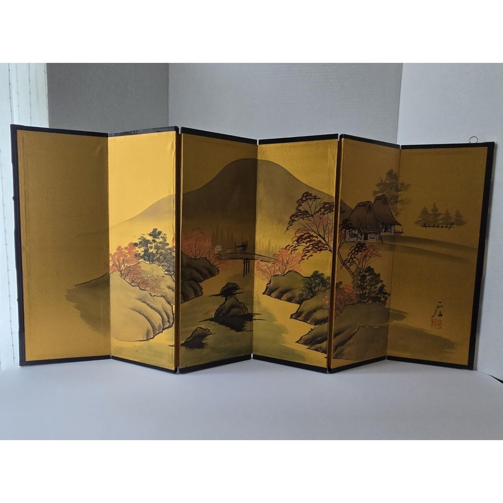 Vintage Japanese Miniature Byobu Folding Screen Gold Leaf Landscape Art Nizan - Picture 2 of 8
